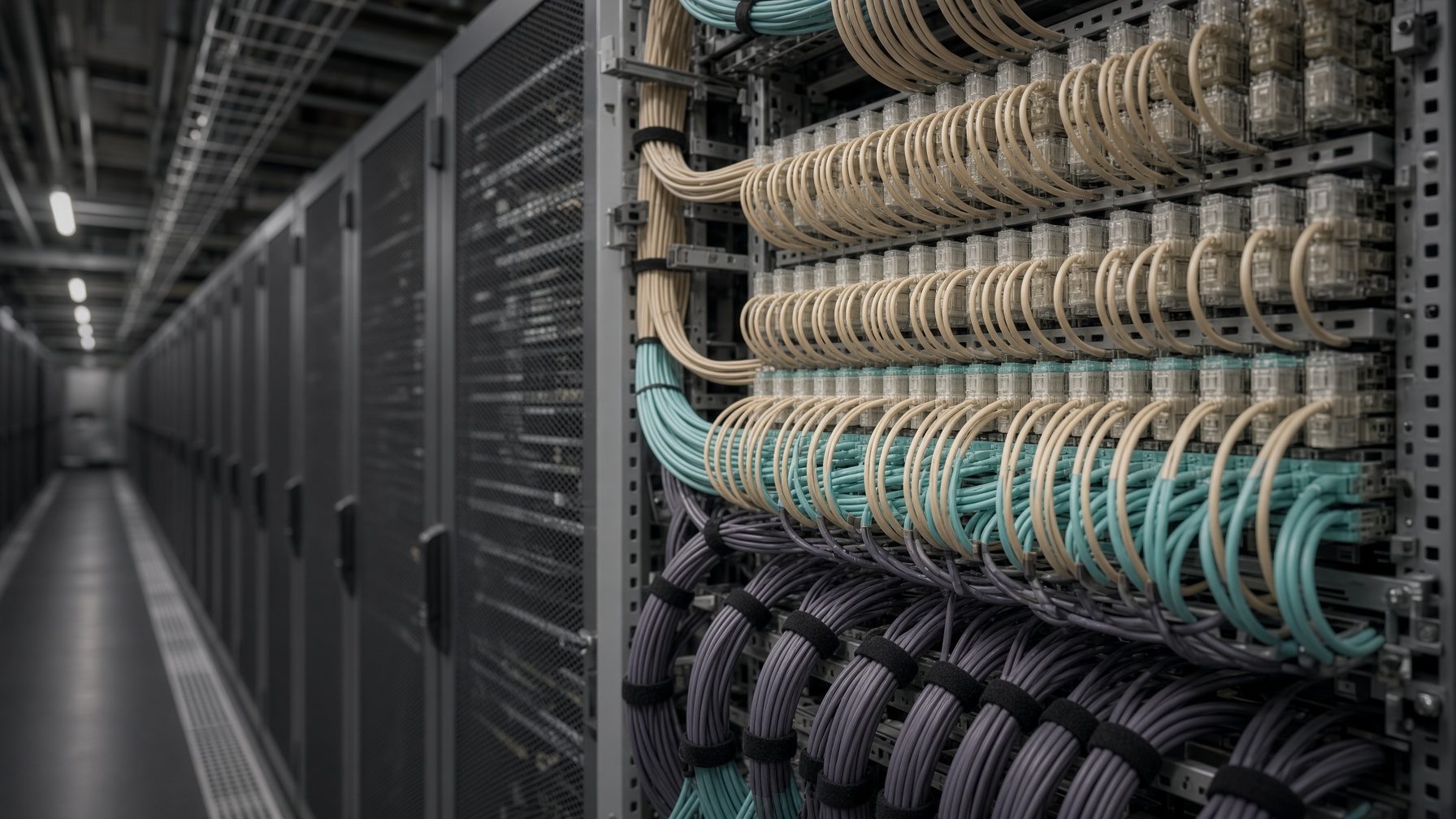 High-density fiber patch panel and trunks in a data-center hall.