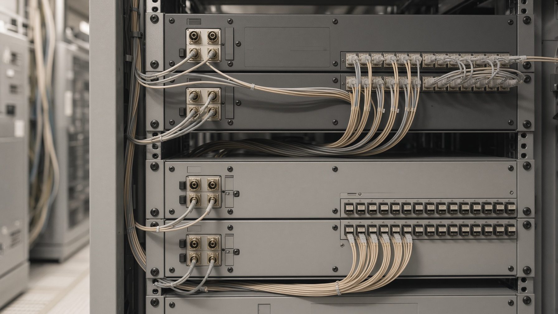 Optical and packet equipment in a telecom central-office rack.