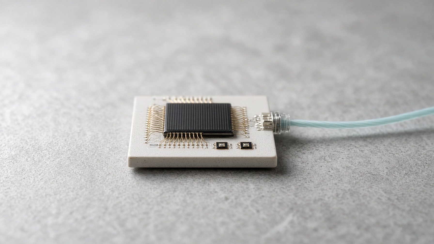 Unbranded co-packaged optics assembly with silicon die, wirebonds, and a fiber pigtail.