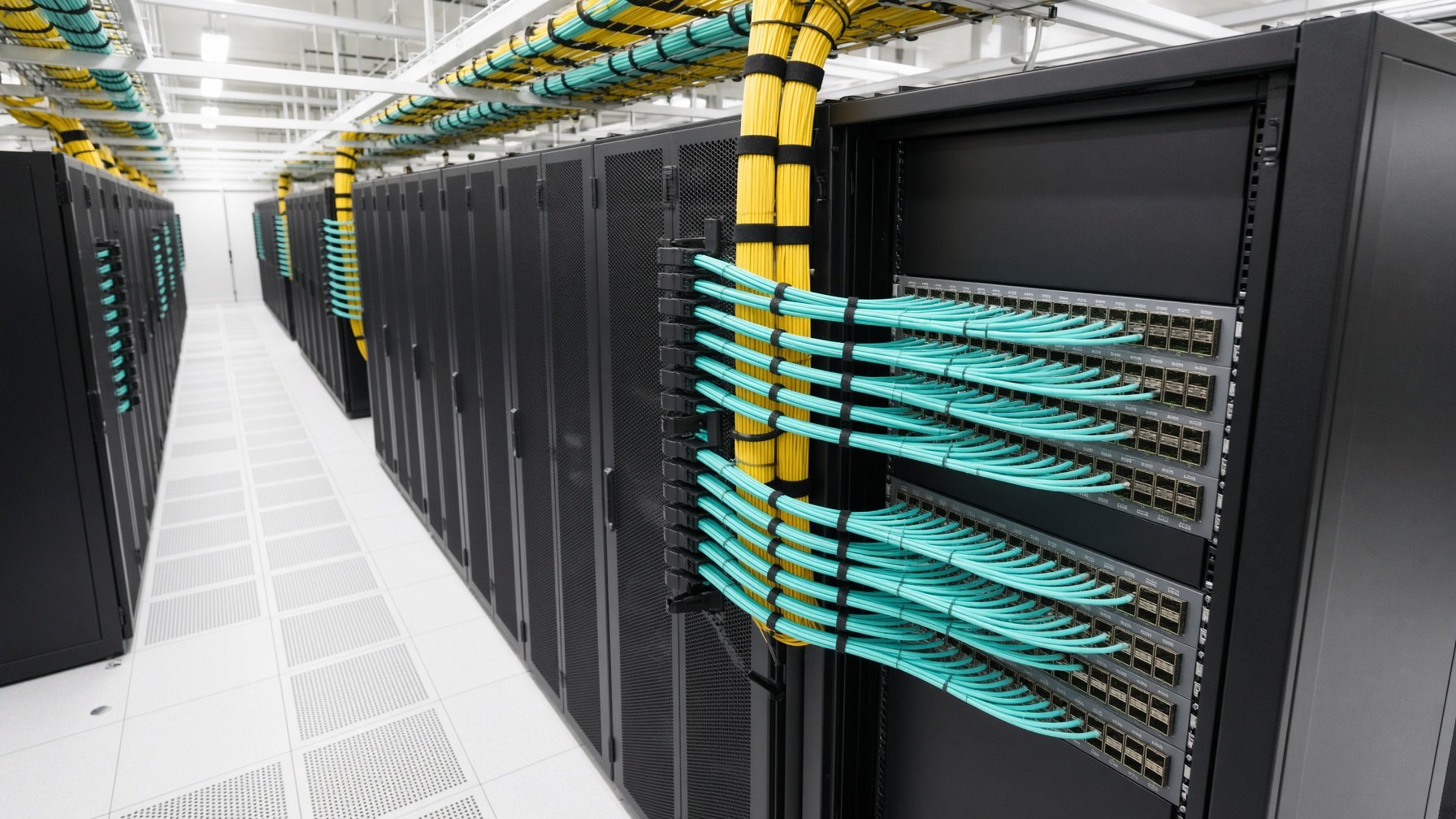 Well-lit data-center aisle with structured optical cabling into switch modules.